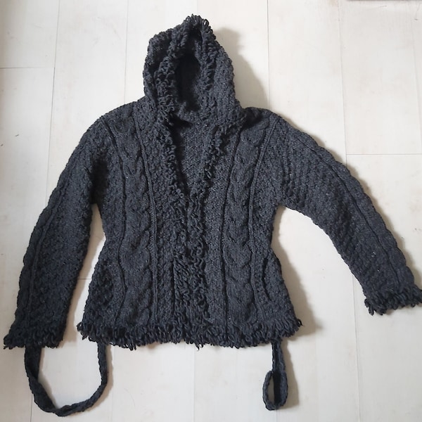 Hand-knit hooded pure wool dark grey womens cardigan sweater hoodie Made in Ireland size L