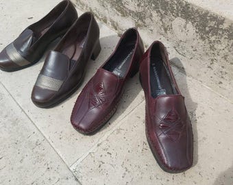 EU 35 Leather Comfort Pumps: Burgundy & Brown, Small Size (2 Pairs)