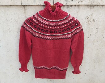 Jersey Fair Isle de lana islandesa tejido a mano: cuello alto con flecos rojos, talla S/M