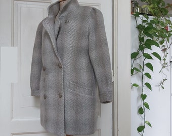 Luxury quality mohair & wool tweed light grey womens vintage autumn coat size S EU 36/UK 10