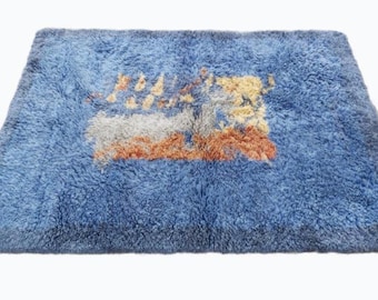 Alfombra Ryamatta de lana anudada a mano, alfombra escandinava azul pálido, alfombra geométrica peluda (150 x 200 cm)