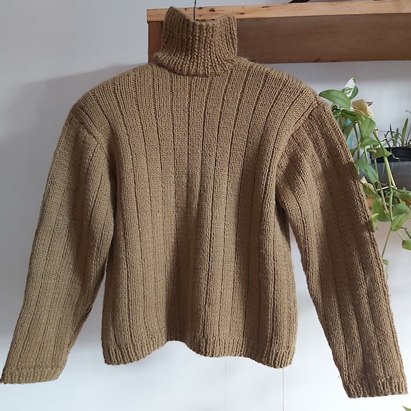 Moutarde couleur vintage col roulé tricoté main femmes chaud hiver pullover taille L / XL