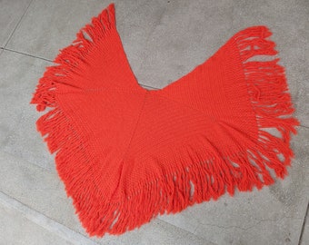 Big size Hungarian hand-crocheted vintage orange color womens scarf triangle folk scarf wrap pentagram shaped poncho with fringes