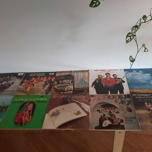 May include: A collection of ten vintage vinyl records with various covers. The covers feature a variety of images, including a group of people in traditional clothing, a group of musicians, a landscape, and a still life. The records are arranged in two rows on a wooden surface.