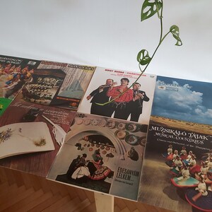 May include: A collection of vintage vinyl records with various covers featuring musical groups and scenes. The records are arranged in a row on a wooden table. The covers feature a variety of colors and designs, including a green record with a woman on the cover, a blue record with a group of people on the cover, and a red record with a group of people on the cover.