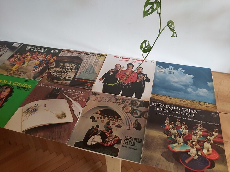 May include: A collection of vintage vinyl records with various covers featuring musical groups and scenes. The records are arranged in a row on a wooden table. The covers feature a variety of colors and designs, including a green record with a woman on the cover, a blue record with a group of people on the cover, and a red record with a group of people on the cover.