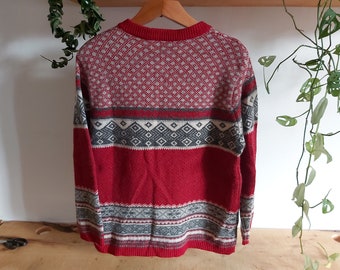 100% pure wool knitted traditional Norwegian style womens pulover cardigan size L / EU 42/44 red and grey