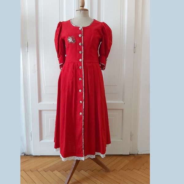 Rosen Dirndl Bayern Cottagecore Landhausstil Prinzessin Knöchellänge Leinen & Baumwolle rotes Dirndl Kleid Gr. M