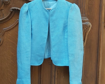 100% pure linen cornflower blue womens folk Austrian Tyrolian blazer coat size S