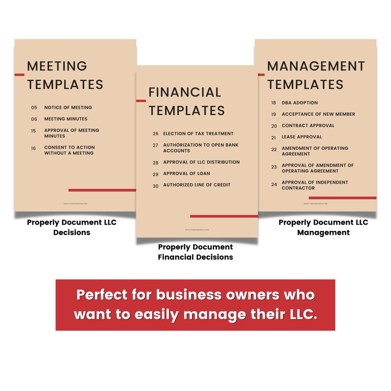 K&ouml;nnte beinhalten: Drei beigefarbene Karten mit roten Linien und Text. Die erste Karte lautet "Meeting Templates" und listet Elemente wie "Notice of Meeting" und "Consent to Action Without a Meeting" auf. Die zweite Karte lautet "Financial Templates" und listet Elemente wie "Election of Tax Treatment" und "Authorized Line of Credit" auf. Die dritte Karte lautet "Management Templates" und listet Elemente wie "DBA Adoption" und "Approval of Independent Contractor" auf. Alle Karten haben den Text "Properly Document LLC" am unteren Rand.