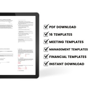 K&ouml;nnte beinhalten: Ein Laptop-Bildschirm zeigt ein Dokument mit einer Checkliste von Funktionen. Die Checkliste enth&auml;lt "PDF-Download", "16 Vorlagen", "Meeting-Vorlagen", "Management-Vorlagen", "Finanzvorlagen" und "Sofort-Download".