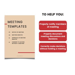 K&ouml;nnte beinhalten: Eine beige Karte mit dem Text "Meeting Templates" und einer Liste von Meeting-Vorlagen mit Nummern und Titeln. Die Karte befindet sich neben drei roten Kn&ouml;pfen mit wei&szlig;em Text, auf denen steht: "Mitglieder der Sitzung ordnungsgem&auml;&szlig; benachrichtigen", "Sitzungsunterlagen ordnungsgem&auml;&szlig; dokumentieren" und "Entscheidungen korrekt treffen, ohne eine Sitzung abzuhalten".