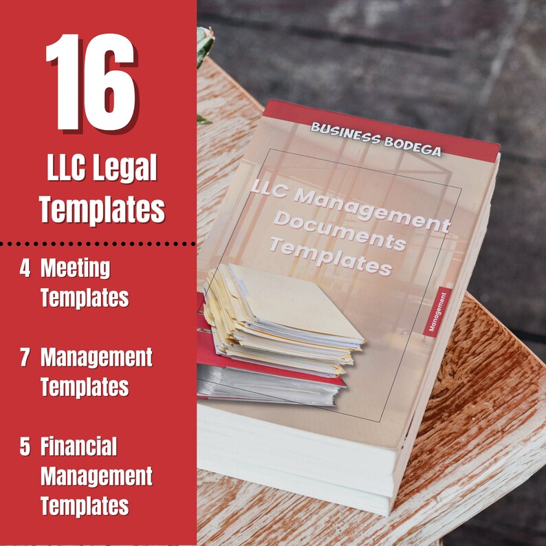 K&ouml;nnte beinhalten: Ein rot-wei&szlig;es Buch mit dem Titel "BUSINESS BODEGA LLC Management Documents Templates" mit einem Stapel Ordner darunter. Das Buch hat einen roten Streifen auf der rechten Seite mit dem Wort "Management" darauf gedruckt. Das Buch liegt auf einer Holzoberfl&auml;che.