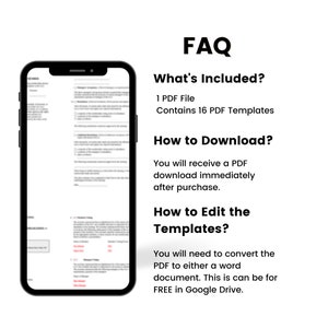 K&ouml;nnte beinhalten: Ein Telefonbildschirm, auf dem ein PDF-Dokument mit einer Liste von 16 Vorlagen angezeigt wird. Der Text auf dem Bildschirm lautet "FAQ, Was ist enthalten? 1 PDF-Datei Enth&auml;lt 16 PDF-Vorlagen, Wie lade ich herunter? Sie erhalten einen PDF-Download sofort nach dem Kauf. Wie bearbeite ich die Vorlagen? Sie m&uuml;ssen das PDF in ein Word-Dokument konvertieren. Dies kann KOSTENLOS in Google Drive erfolgen."