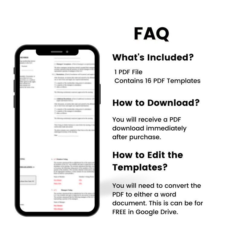 K&ouml;nnte beinhalten: Ein Telefonbildschirm, auf dem ein PDF-Dokument mit einer Liste von 16 Vorlagen angezeigt wird. Der Text auf dem Bildschirm lautet "FAQ, Was ist enthalten? 1 PDF-Datei Enth&auml;lt 16 PDF-Vorlagen, Wie lade ich herunter? Sie erhalten einen PDF-Download sofort nach dem Kauf. Wie bearbeite ich die Vorlagen? Sie m&uuml;ssen das PDF in ein Word-Dokument konvertieren. Dies kann KOSTENLOS in Google Drive erfolgen."