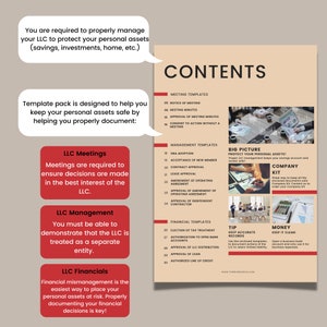 K&ouml;nnte beinhalten: Eine farbenfrohe Infografik mit dem Titel "Contents" und einer Liste von Vorlagen f&uuml;r die Verwaltung einer Gesellschaft mit beschr&auml;nkter Haftung (GmbH). Die Infografik enth&auml;lt Abschnitte f&uuml;r GmbH-Sitzungen, GmbH-Management und GmbH-Finanzen. Die Infografik enth&auml;lt auch einen Abschnitt f&uuml;r "Big Picture: Protect Your Personal Assets!" und einen Abschnitt "Company Kit".
