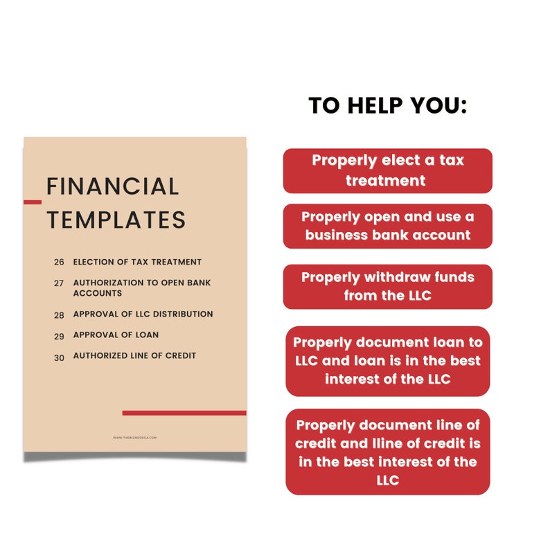 K&ouml;nnte beinhalten: Eine rot-wei&szlig;e Infografik mit dem Titel "Finanzvorlagen" und einer Liste von 5 Finanzvorlagen f&uuml;r ein Unternehmen. Die Infografik enth&auml;lt auch den Text "Um Ihnen zu helfen" und eine Liste von 5 Tipps zur Verwendung der Vorlagen.