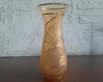 Vintage Flower Vase Frosted glass with hand-painted golden flowers. Glass Small Vase. Flower Arrangements. Art  Decoration Interior.