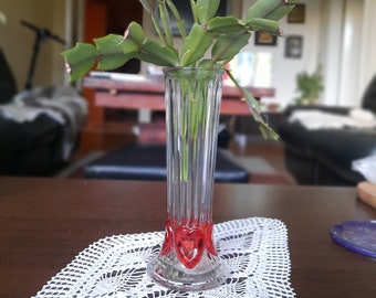 Vintage small glass flower vase. Ribbed clear glass vase. Vase with red hearts. Vase for coffee table decoration. gift for her, gift for mom