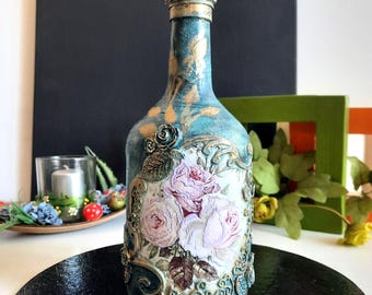Hand Decorated Decoupage Glass Bottle, decoupage with pink roses, decorated bottle with floral motifs and ornaments, art bottle Home Decor.