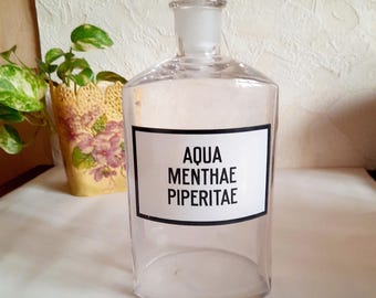 Antique Apothecary Glass Bottle with Stopper, Original Label. vintage apothecary Bottle. Rectangular Jar