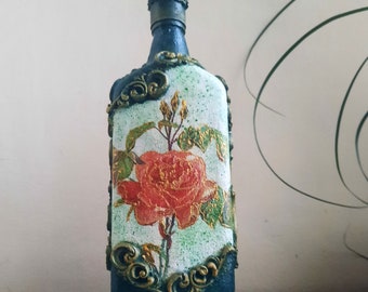 Art glass bottle with rose decoration, handmade vase, flower bottle art, home accent, art home decor