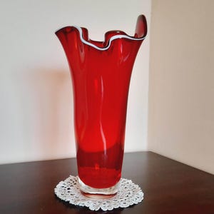 Vintage Ruby Red Glass Tissue Vase with White Collar, Hand Blown Glass, Mid Century Modern Design, Red Vase - 10.6 inches, New Home Gift