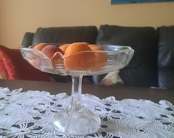 Vintage clear patterned glass bowl. Large glass bowl on pedestal. Fruit bowl in the center of the table. Retro glass fruit bowl from 1930s.