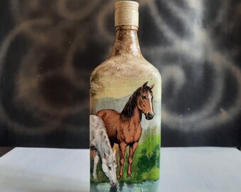 Hand-decorated bottle - horses at watering hole. Art bottle with 3D effects. A gift for a rider, for horse lovers