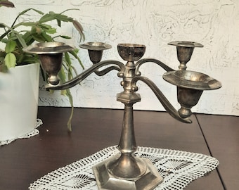 Vintage five arm metal candle holder. A large candlestick of five branches. Candlestick - Table centerpiece.