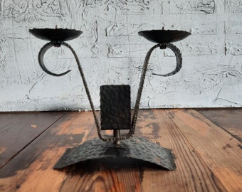 Vintage wrought iron candle holder. Old metal candle holder for two hands. Black Hand Forged Wrought Iron Candle Holder.