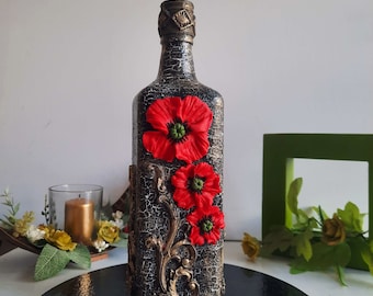Decorated glass bottle with flowers. Handmade glass bottle with red poppies. Art bottle home decor. Decorated glass bottle art with clay,