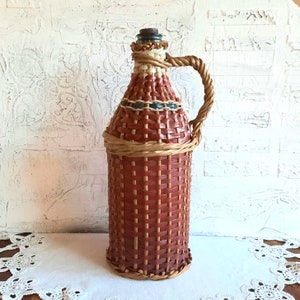 Vintage Wicker Demijohn Bottle, Old Glass Wine Bottle, Wine Demijohn Wrapped in Straw, Antique Demijohn, Rustic Decor, Wedding Decor.
