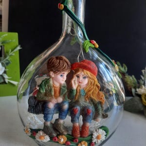 Hand decorated glass bottle with polymer clay. Art bottle, Happy home, best friends, Glass bottle vase. Home decoration. Art bottle