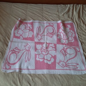Vintage pink cotton baby blanket.  Old Baby Swaddle Blanket.  Vintage Bunny Duvet Cover for Girls