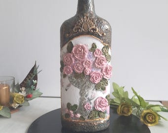 Handmade bottle, decorative bottle with flowers, art bottle with 3D elements, decorated bottle, gift for a new home, bottle for decoration