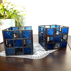 Set of 2 tea light candle holders, vintage blue stained glass candle holders.