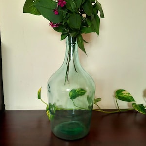 Vintage green glass Demijohn bottle - 3L, old Green Glass Wine Bottle Demijohn,  hand blown bottle, retro wine bottle, vintage country decor