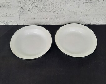 Vintage White Enamel Plates with Black Rims – Retro Kitchen Camping Soup Plates, Pair of enamel plates.