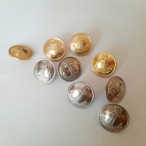 Old metal buttons with anchor. Vintage Gold and Silver Buttons for DIY Crafts.