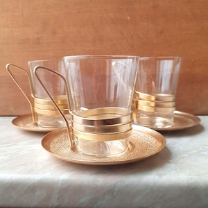 Set of 3 tea cups with metal holder. Retro glass tea cup with saucers. Metal and glass tea cups. Glass tea cup with handle. Coffee cup.