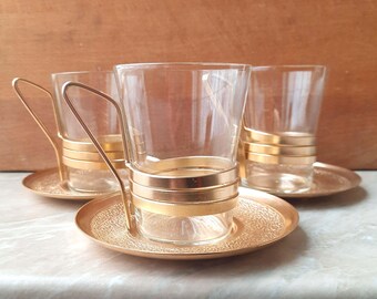 Set of 3 tea cups with metal holder. Retro glass tea cup with saucers. Metal and glass tea cups. Glass tea cup with handle. Coffee cup