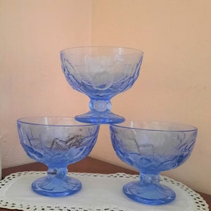 Vintage Set of 3 Blue Glass Ice Cream Bowls. Glass Ice Cream Bowls, Sorbet Bowls. Dessert Cup, Ice Cream Bowl, Dessert Cup, Ice Cream Cup
