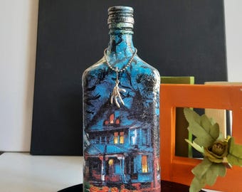 Decorated bottle &quot;house with spirits&quot;. decoupage bottle for Halloween. Halloween home decor. Recycled Bottle Halloween Decoration