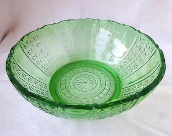 Vintage Green Embossed Glass Bowl: Art Deco Table Centerpiece