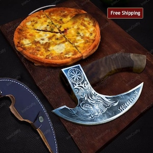 Viking Pizza Cutter with Wooden Handle, Custom Pizza Axe Gift, Christmas Gift for Him, Hand-Forged Chef Axe,  Gift For Birthday, Anniversary