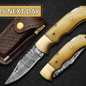 Pocket Knife Handmade Damascus Steel Folded Knife  - Lock Back Folding Knife - Perfect Gift for Him - Ideal for Birthdays and Anniversaries&quot;