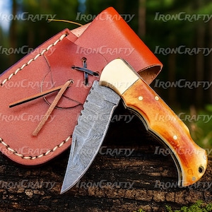 Damascus Steel Folding Knife with Camel Bone Handle – Custom Pocket Knife | Personalized Gift for Him, Groomsmen, Anniversary, Wedding Gifts