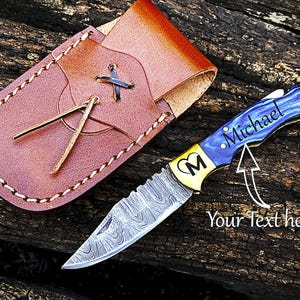 Custom Damascus Pocket Knife with Personalized Text or Logo, Folding Knife for Groomsmen Gifts, Wedding Gift, Handmade Blade, Gift for Him