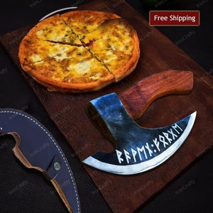 Custom Viking Pizza Axe with Black Wood Handle, Unique Pizza Cutter for Christmas, Camping, or Chef Gift For Birthday, Anniversary